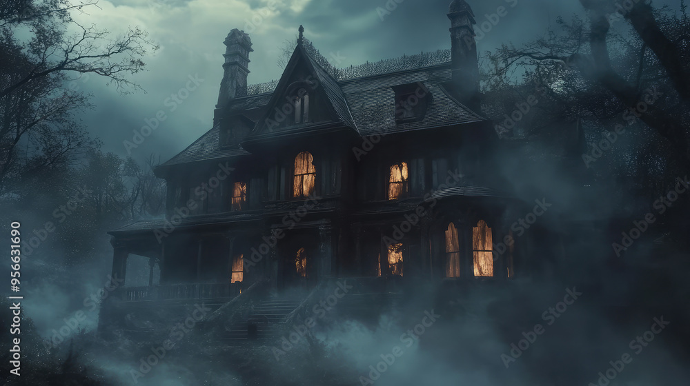 An atmospheric depiction of a haunted mansion surrounded by thick, swirling fog, with faint ghostly figures appearing in the windows. An atmospheric depiction of a haunted mansion surrounded by thick, swirling fog, with faint ghostly figures appearing in the windows.