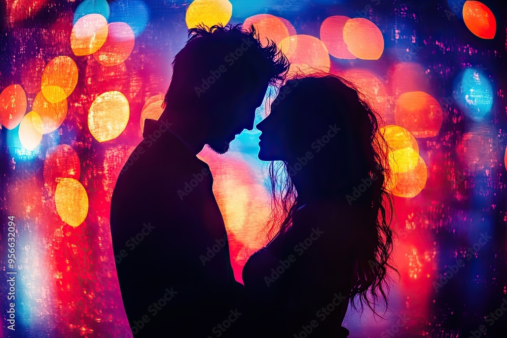 Silhouette of a Couple Against Colorful Bokeh Lights Silhouette of a Couple Against Colorful Bokeh Lights