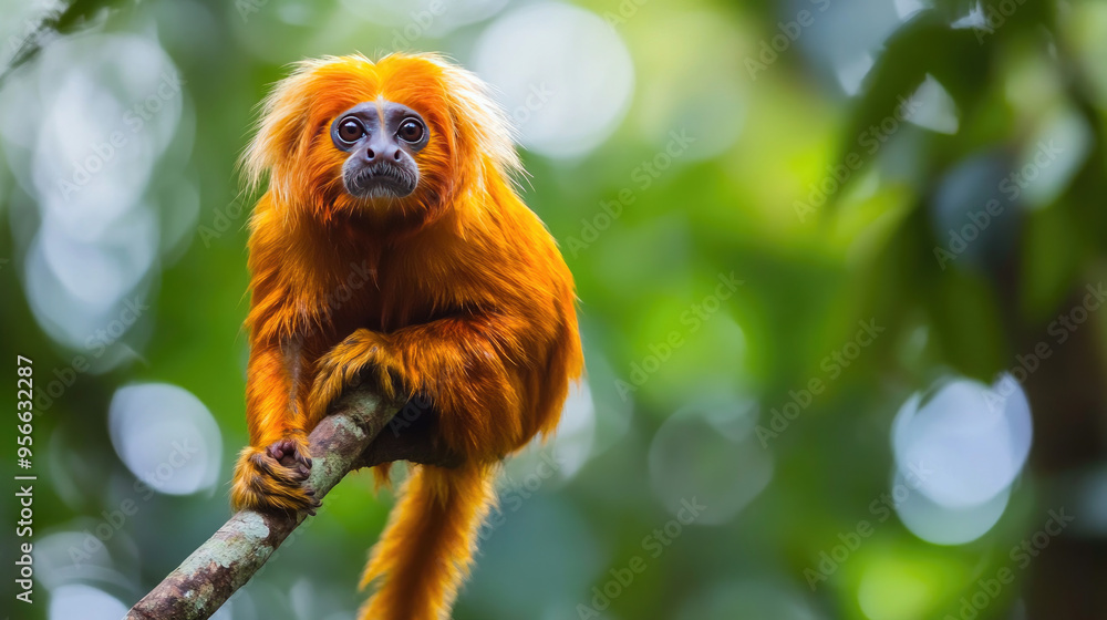 Golden lion tamarin perched on a branch in the Amazon, its bright fur shining against the lush forest background Golden lion tamarin perched on a branch in the Amazon, its bright fur shining against the lush forest background