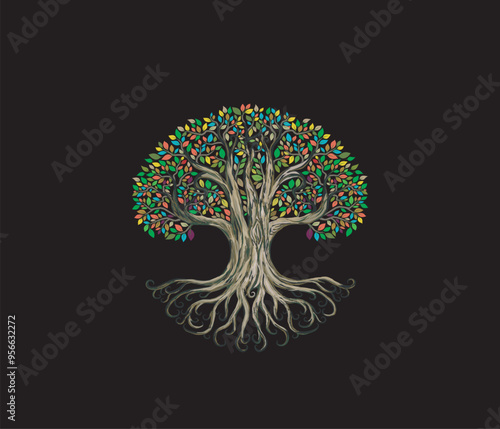 Rainbow tree and roots  isolated on black background	