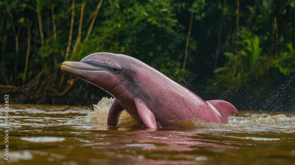 Fototapeta premium Graceful pink river dolphin emerging from the waters of the Amazon river, surrounded by lush vegetation