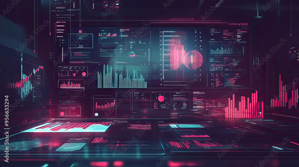 High-tech illustration of business automation, with sleek digital graphs for distribution and consumption monitoring High-tech illustration of business automation, with sleek digital graphs for distribution and consumption monitoring