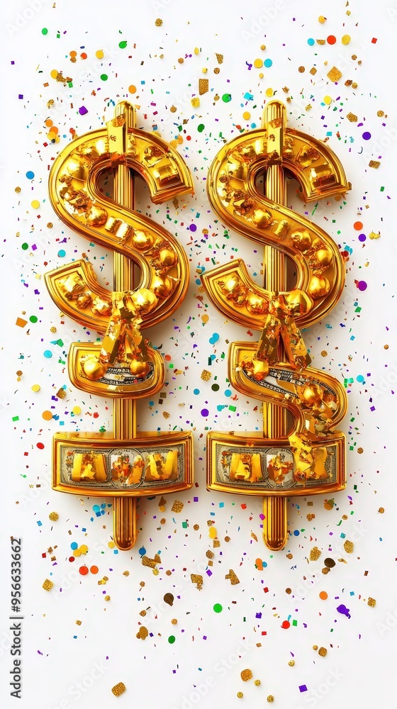 Naklejka premium Golden Dollar Signs with Confetti.