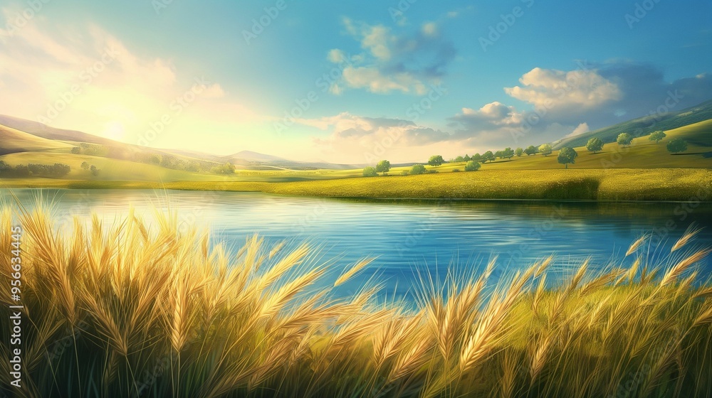 Fototapeta premium Golden wheat field with blue lake and rolling hills under a sunny sky.