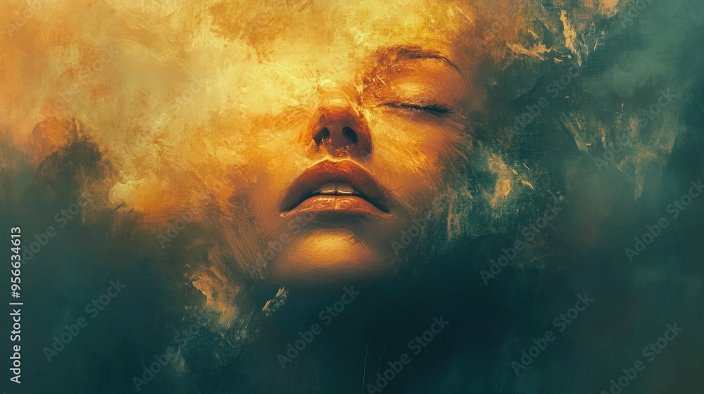 Abstract Painting of a Woman's Face Emerging from a Golden Mist Abstract Painting of a Woman's Face Emerging from a Golden Mist