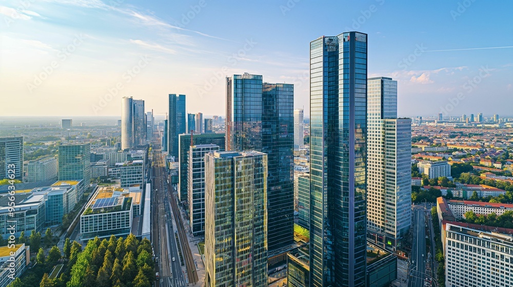 Fototapeta premium Aerial view of modern skyscrapers and cityscape under a clear sky.
