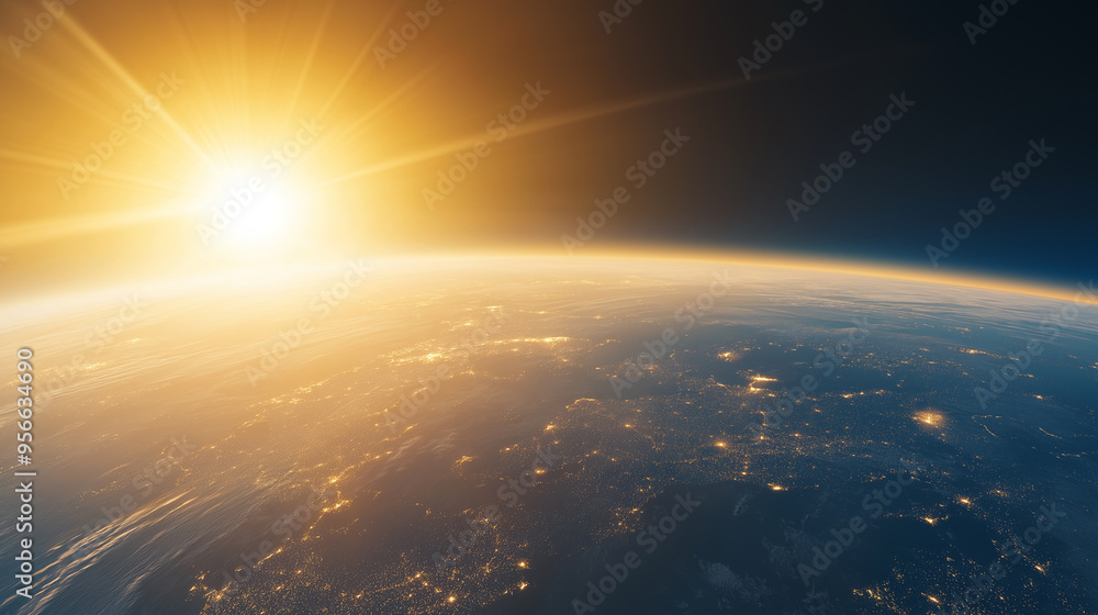 Sunrise over the planet Earth concept with a bright sun and flare and city lights panoramic Sunrise over the planet Earth concept with a bright sun and flare and city lights panoramic