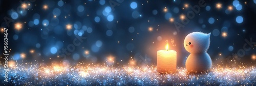 Charming Snowman with Candle in Glittering Blue Scene