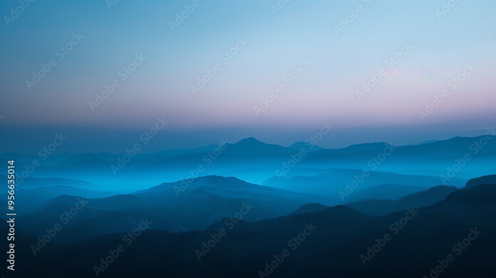A blue landscape with layers of mountains in the distance. A blue landscape with layers of mountains in the distance.