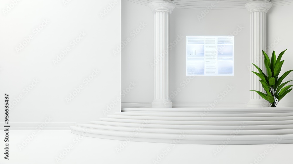 Modern White Room with Columns, Stairs, and Plant. Modern White Room with Columns, Stairs, and Plant.