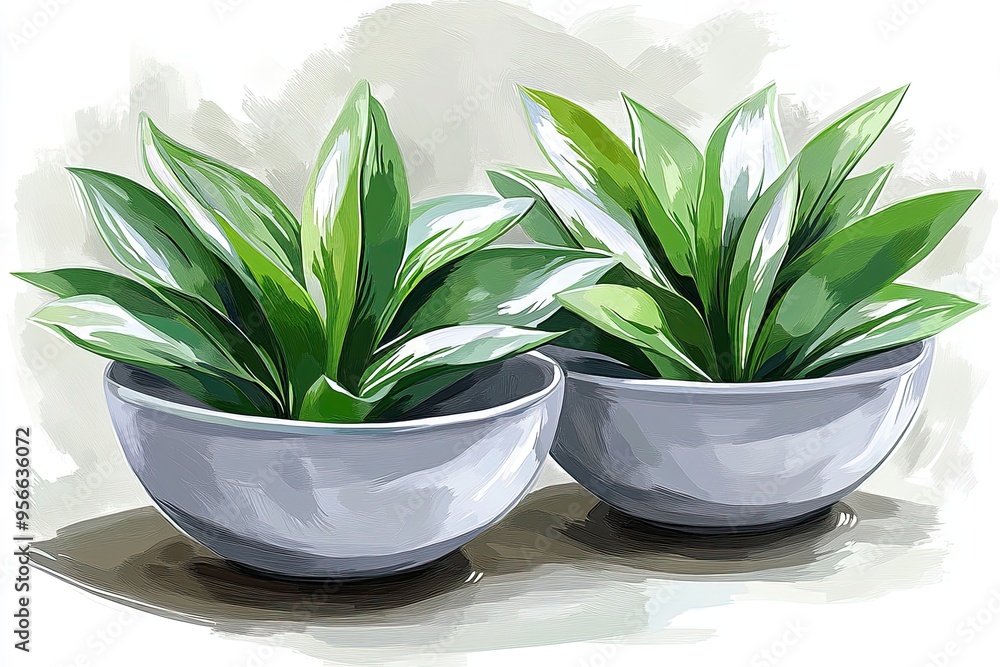 Illustration of Two Green Plants in White Bowls Illustration of Two Green Plants in White Bowls