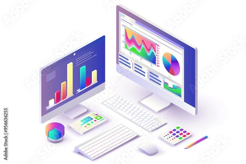 Computer database analysis, isometric, isolated white background