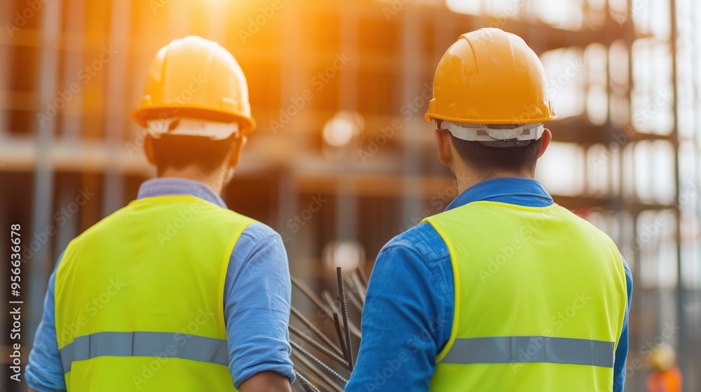 Two engineers in safety gear, standing on-site and observing progress, highlighting collaboration and industry expertise. Ideal for illustrating teamwork and construction management. Two engineers in safety gear, standing on-site and observing progress, highlighting collaboration and industry expertise. Ideal for illustrating teamwork and construction management.