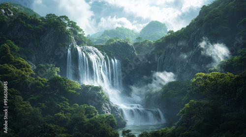 Majestic waterfall cascading through a thick forest, mist rising from the flowing water