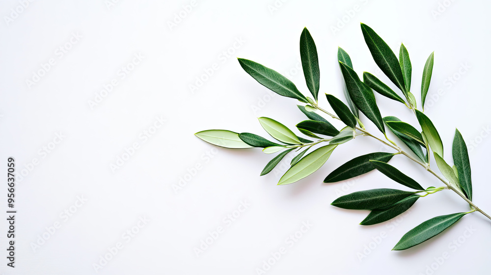 Obraz premium Minimalist composition of an olive branch with vibrant green leaves on a clean white background