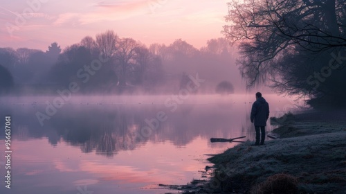 Serene lakeside at dawn. A person gazes at the peaceful mist over the water. Soft pink and purple hues fill the sky. Quiet morning reflection.