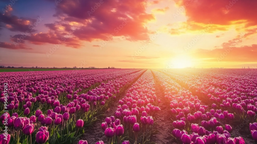Naklejka premium Vibrant Tulip Field at Sunset