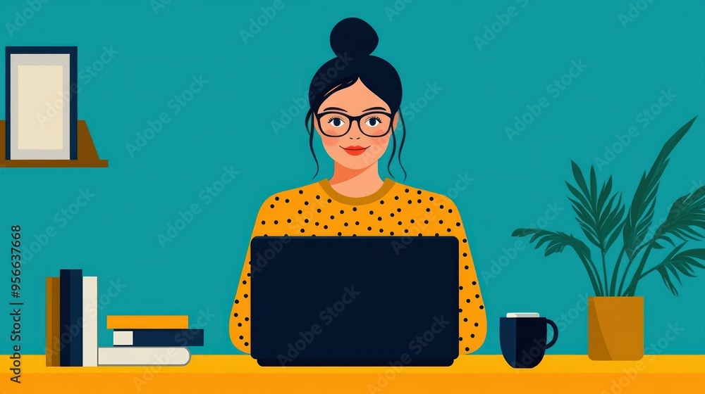 Woman Working on Laptop at Home Office. Woman Working on Laptop at Home Office.