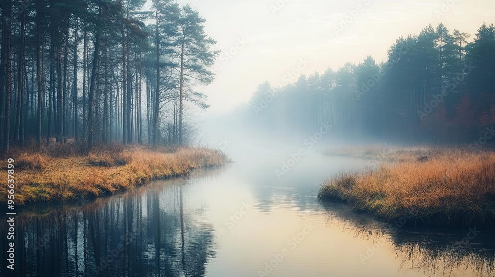 Misty morning in a forest with a river running through, the water reflecting the foggy sky Misty morning in a forest with a river running through, the water reflecting the foggy sky