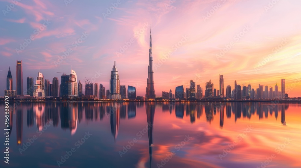 Fototapeta premium Stunning sunset over futuristic city skyline with tall buildings reflected in tranquil water. Beautiful colors fill the sky in this urban scene.