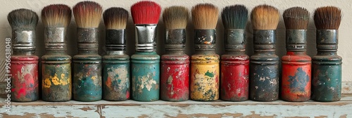 Old Paintbrushes in Colorful Pots on Wooden Shelf