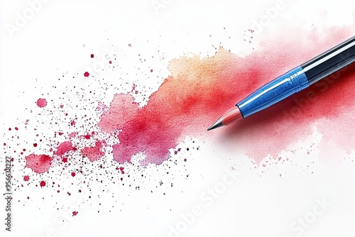 Colorful Watercolor Splash with Pen on White Background