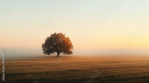 solitary tree in misty golden sunrise over field