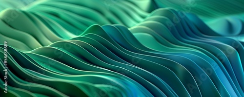 3D render, abstract background with wavy green and blue gradient.