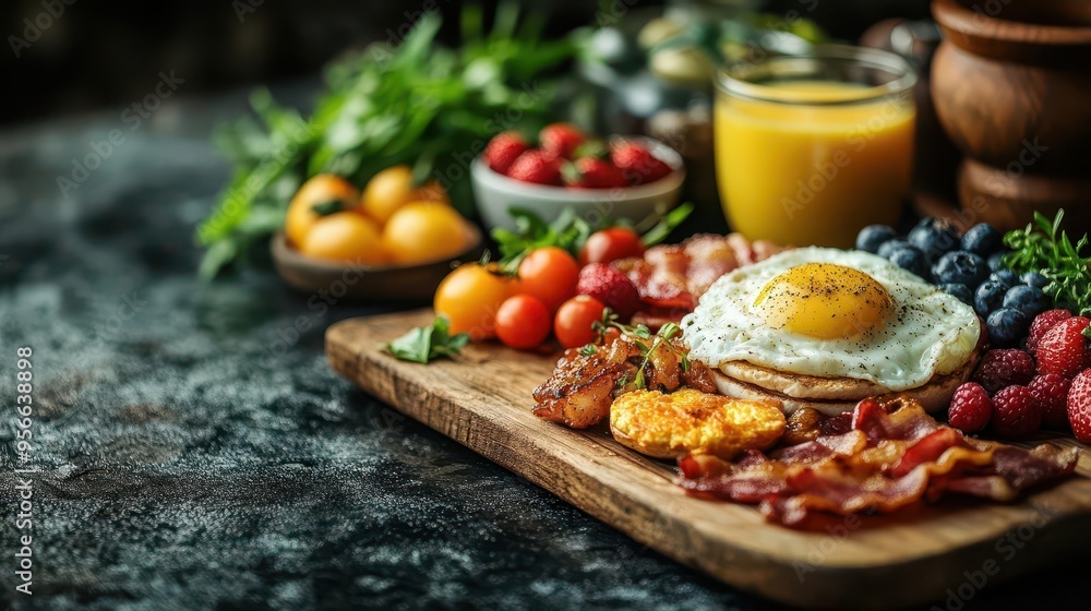 gourmet breakfast spread on rustic wooden table eggs benedict crispy bacon fresh berries warm morning light inviting atmosphere gourmet breakfast spread on rustic wooden table eggs benedict crispy bacon fresh berries warm morning light inviting atmosphere
