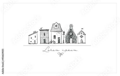 Hand drawn illustration of cute houses in a row with place for your text below on white background