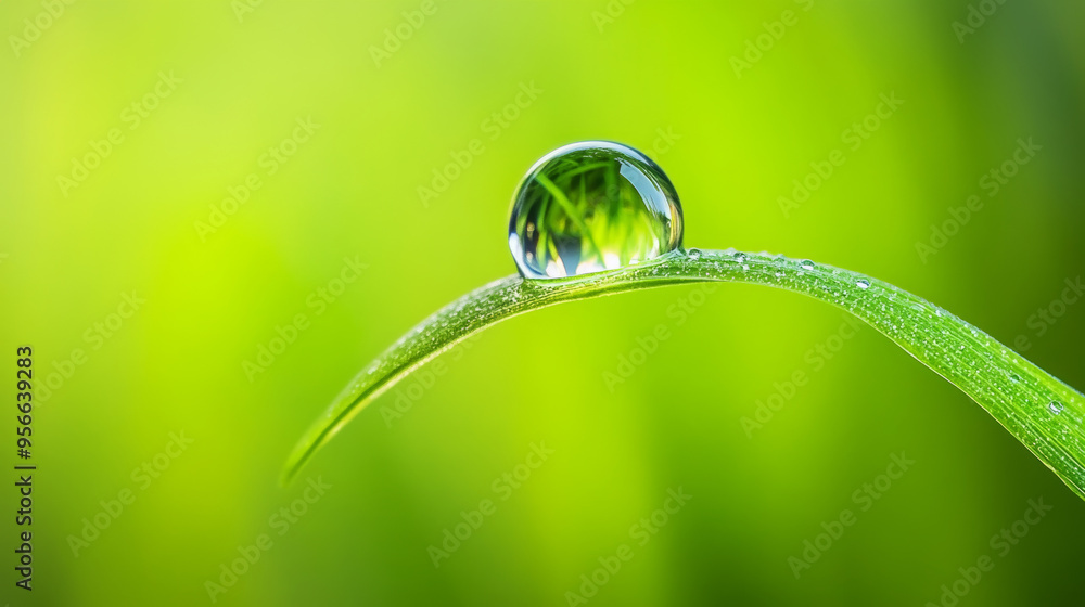 A crystal-clear droplet clings to a blade of grass, reflecting the world in miniature. A crystal-clear droplet clings to a blade of grass, reflecting the world in miniature.