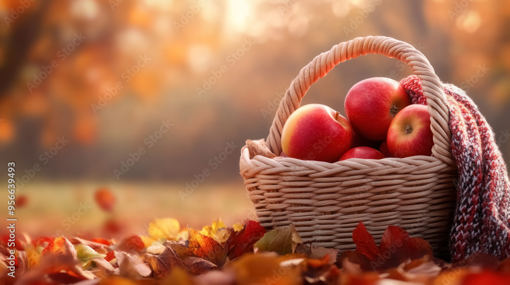 autumn apples in wicker basket among fall leaves autumn apples in wicker basket among fall leaves
