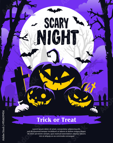 Happy halloween banner or party invitation background with violet fog clouds, ghost and pumpkins