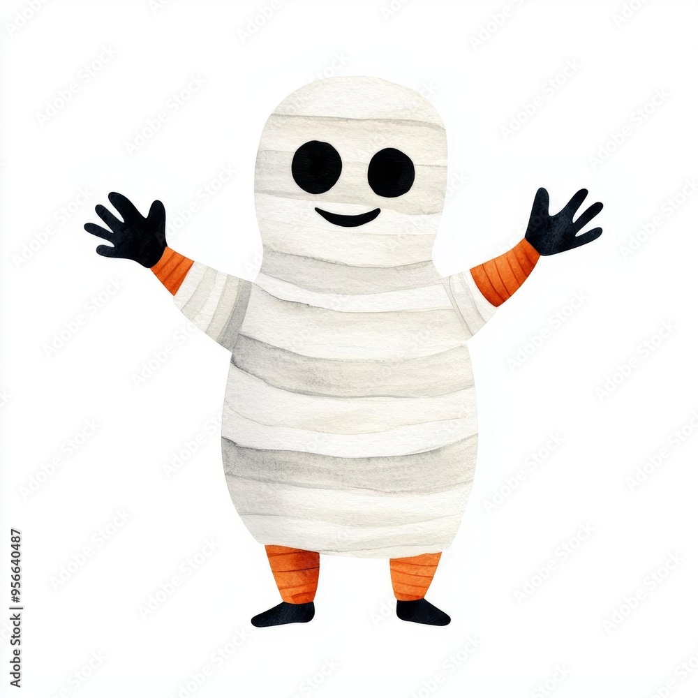 A single cute mummy waving with a friendly smile, watercolor illustration, clipart, isolated on pure white background A single cute mummy waving with a friendly smile, watercolor illustration, clipart, isolated on pure white background