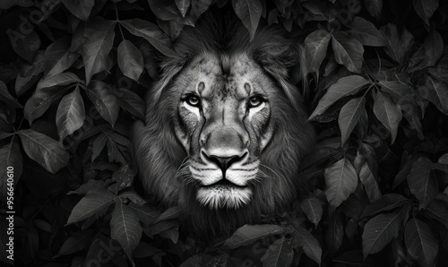 black and white portrait of a lion emerging from the shadows