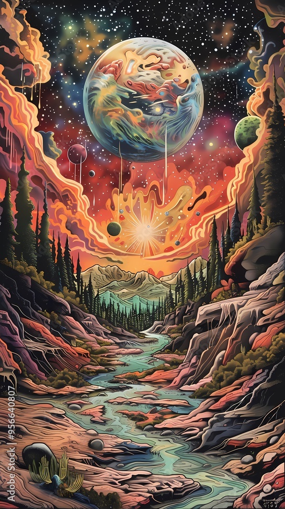 Fototapeta premium Fantasy forest space abstract illustration poster background