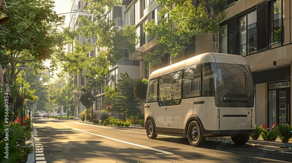 Obraz premium Autonomous Bus Driving Through a Modern City Street