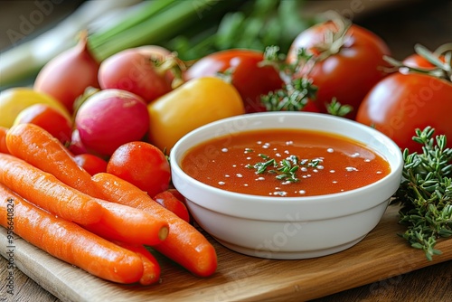 Fresh Vegetables with Tomato Soup on Wooden Board