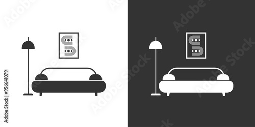 Interior icon with sofa, floor lamp and poster. Black and white version