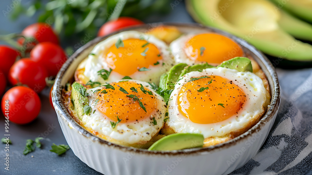 Beautifully baked cloud eggs, served with a side of avocado slices and cherry tomatoes Beautifully baked cloud eggs, served with a side of avocado slices and cherry tomatoes