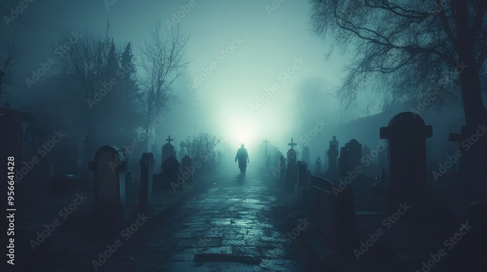 A hauntingly dark cemetery enveloped in thick fog, with ghostly apparitions drifting among the gravestones A hauntingly dark cemetery enveloped in thick fog, with ghostly apparitions drifting among the gravestones