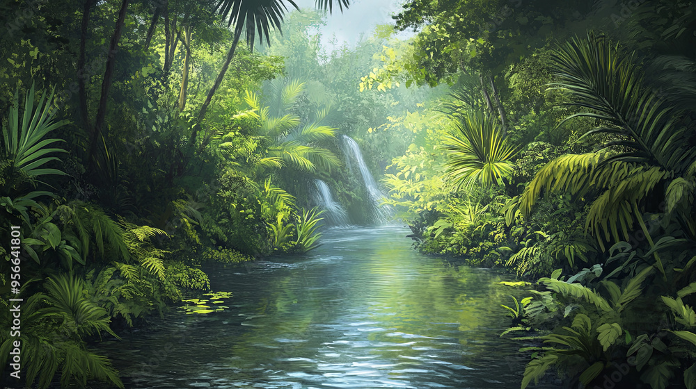 Fototapeta premium Serene river flowing through a tropical forest, with lush vegetation on either side