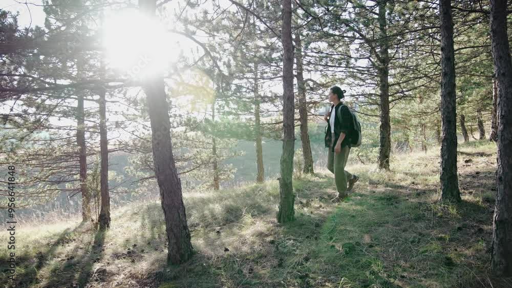 Handheld cinematic shot. A young female with a backpack walks through the autumn forest during sunset. Handheld cinematic shot. A young female with a backpack walks through the autumn forest during sunset.