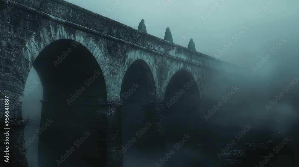 Fototapeta premium A chilling scene featuring a dark, fog-shrouded bridge and ghostly silhouettes materializing from the mist.