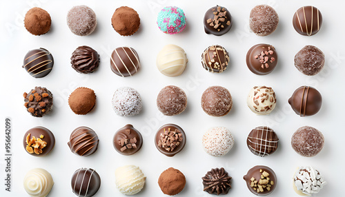 Many different delicious chocolate truffles on white background, top view