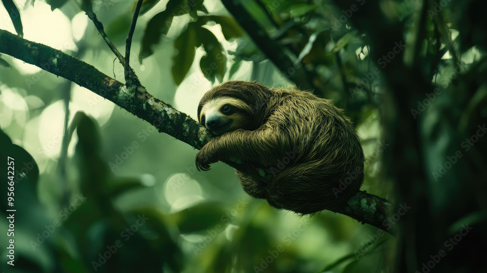 Sloth hanging lazily from a tree branch in the Amazon, blending in with the dense canopy above Sloth hanging lazily from a tree branch in the Amazon, blending in with the dense canopy above
