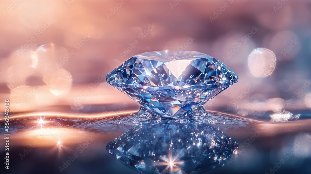 A diamond resting on a reflective surface, creating a dazzling array of light reflections. A diamond resting on a reflective surface, creating a dazzling array of light reflections.