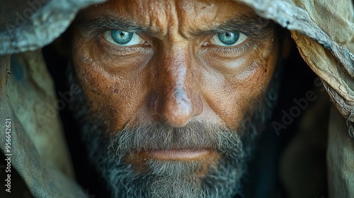 haunting portrait of wartorn refugee weathered face etched with sorrow tattered clothing muted earthy tones dramatic chiaroscuro lighting photo