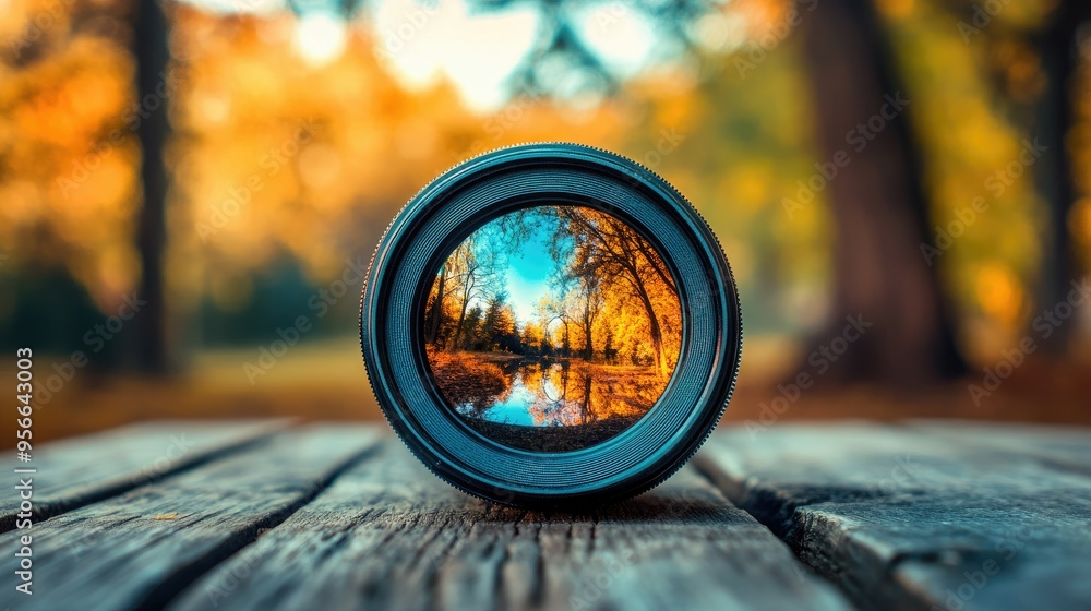 A landscape reflected in a camera lens lying on a wooden surface, with the surrounding elements out of focus. A landscape reflected in a camera lens lying on a wooden surface, with the surrounding elements out of focus.