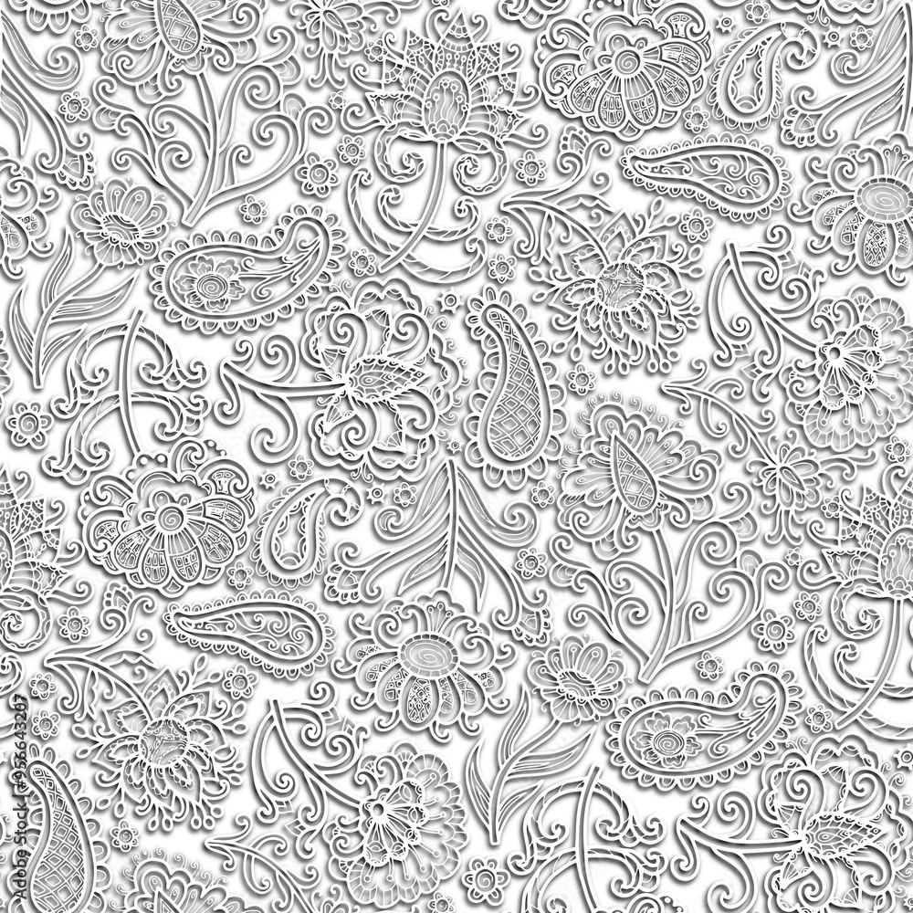 Obraz premium Paper cut effect, boho style white flowers, hand drawn, doodle illustration. Seamless floral pattern-383.